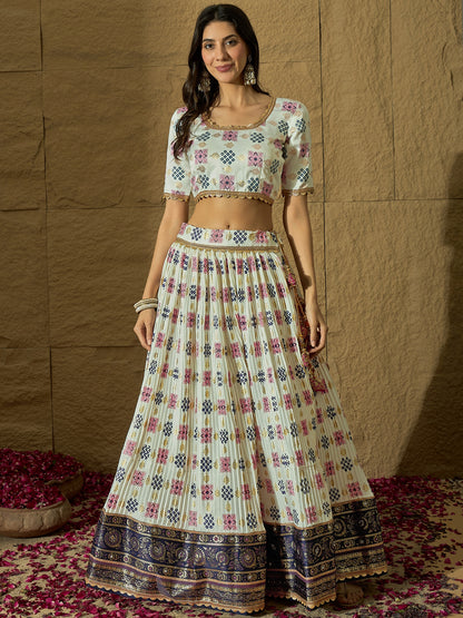 White Ajarakh Silk Lehenga choli with Navy Blue Bandhej print Dupatta