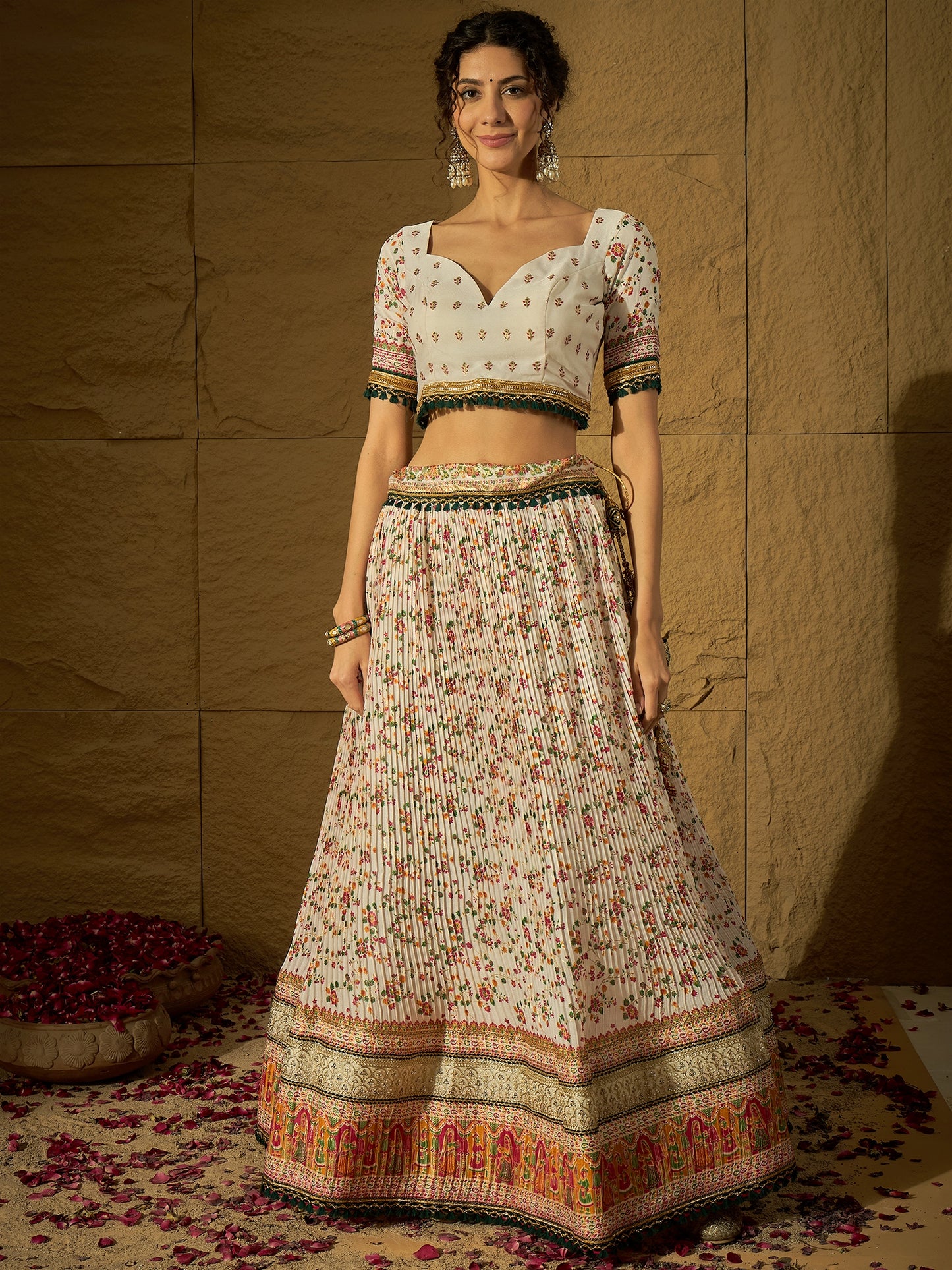 White Floral Silk Lehenga with Rani Bandhej Dupatta