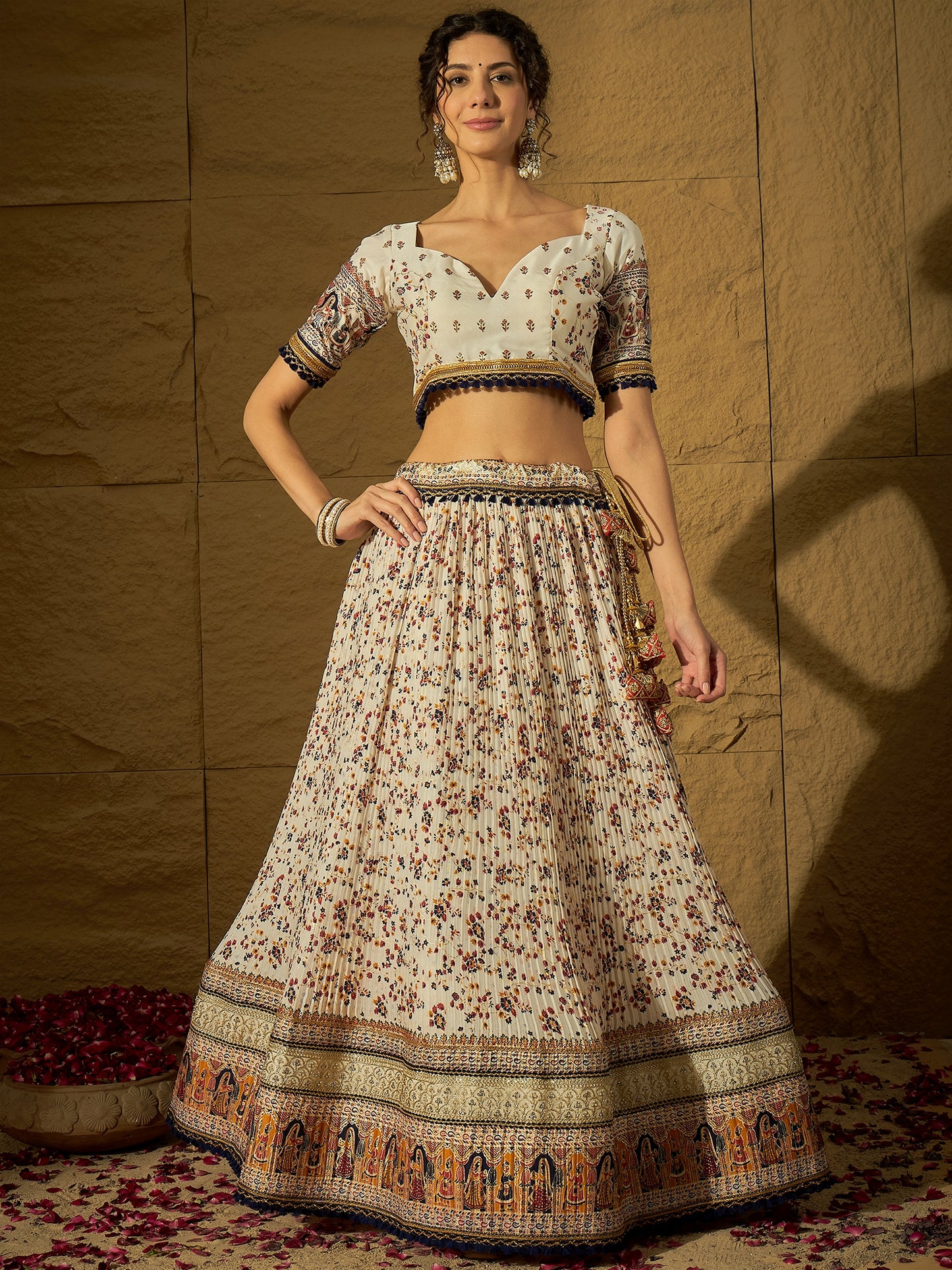White Floral Silk Lehenga with Navy Blue Bandhej Dupatta