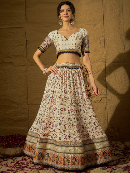 White Floral Silk Lehenga with Navy Blue Bandhej Dupatta