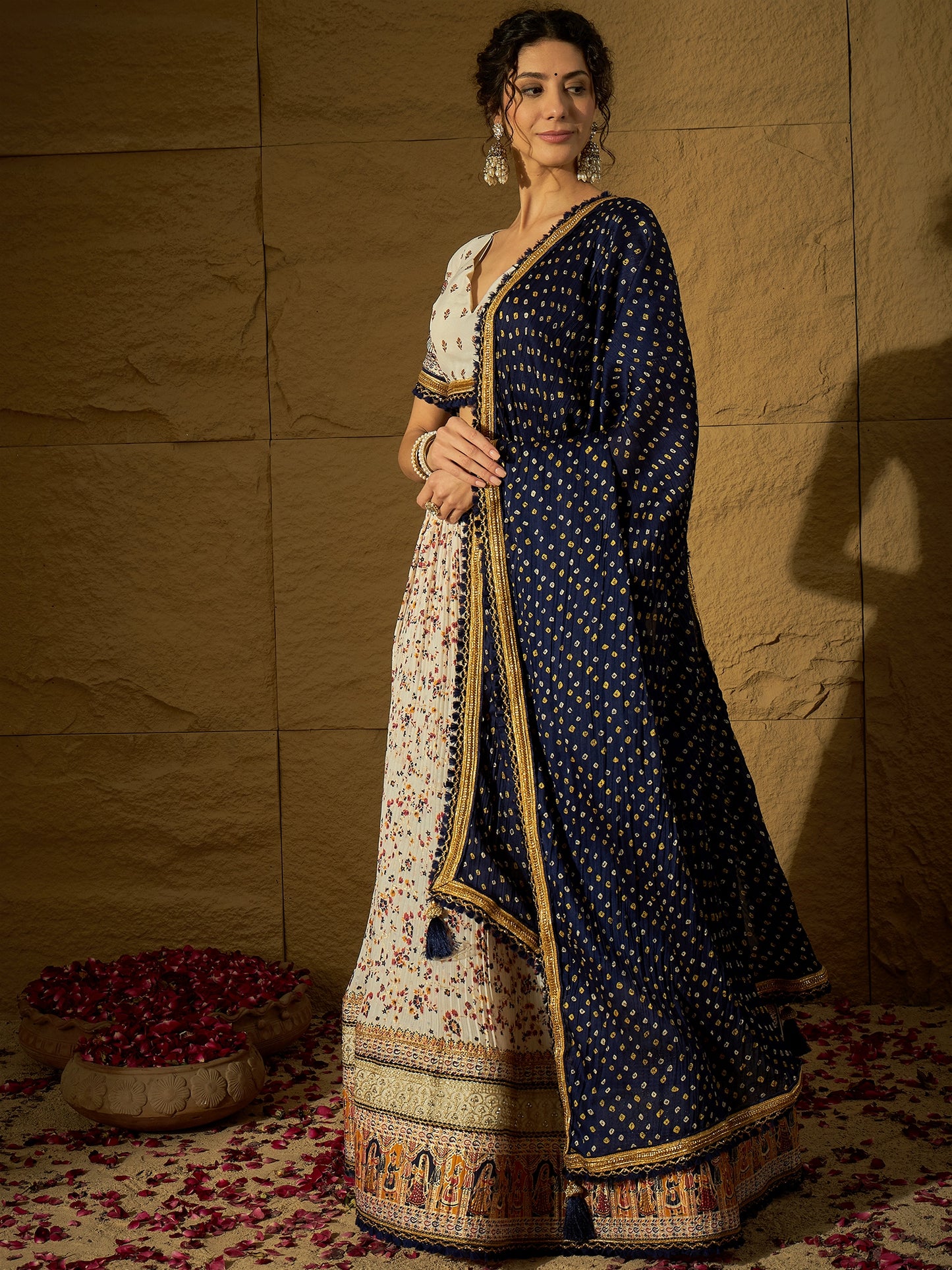 White Floral Silk Lehenga with Navy Blue Bandhej Dupatta