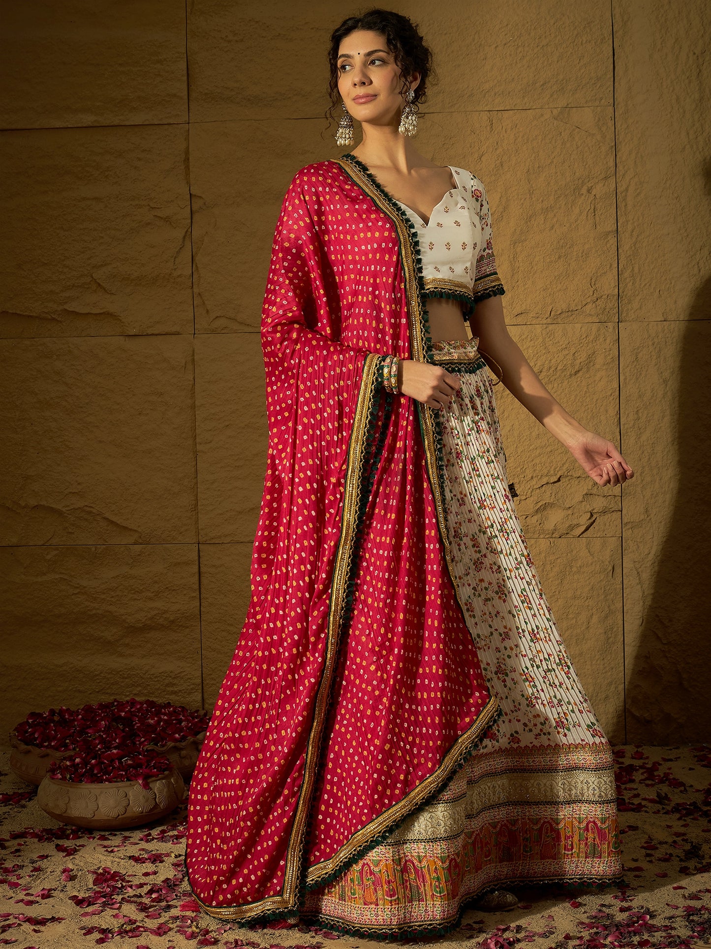 White Floral Silk Lehenga with Rani Bandhej Dupatta