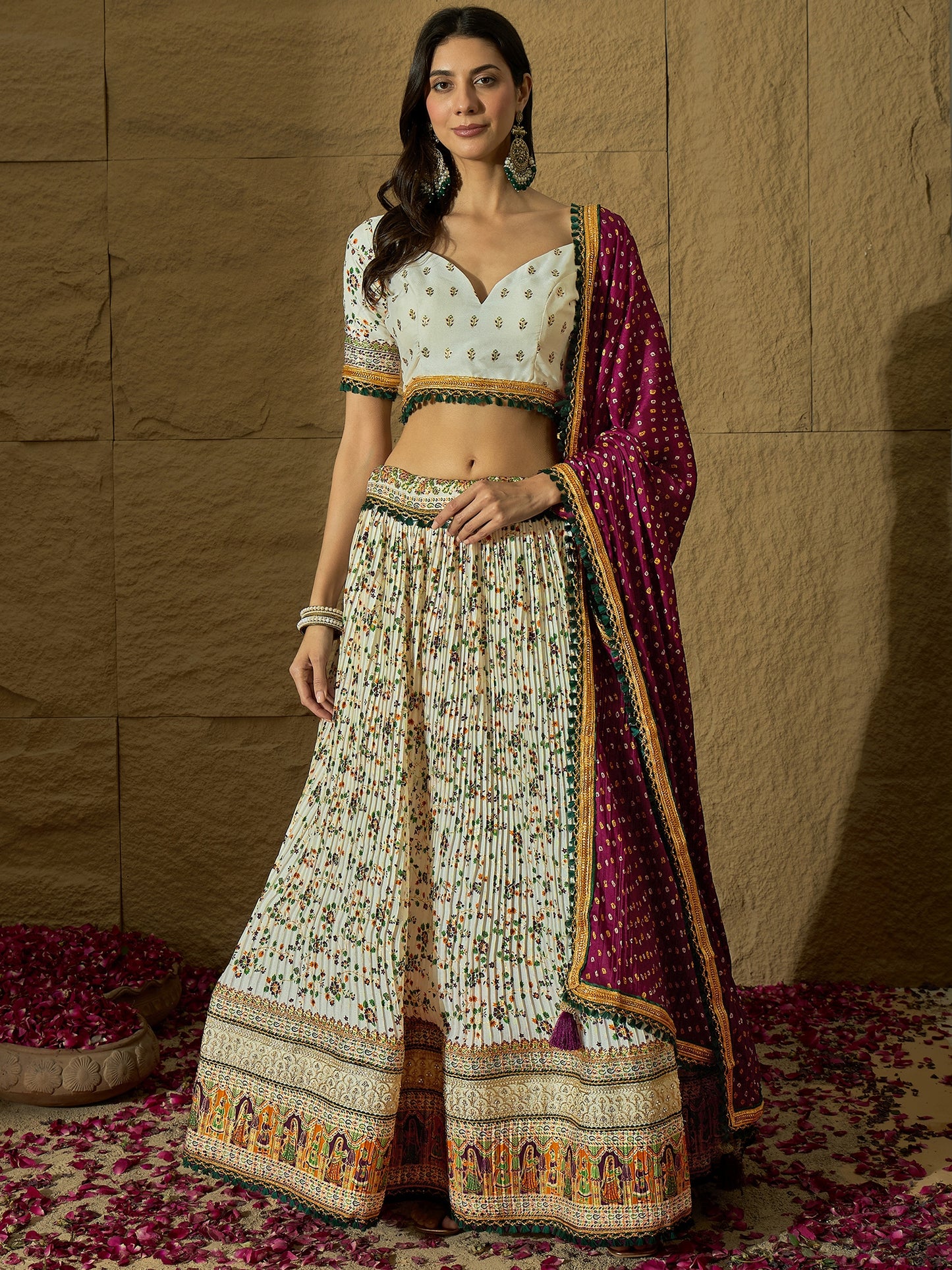 White Floral Silk Lehenga with Wine Bandhej Dupatta