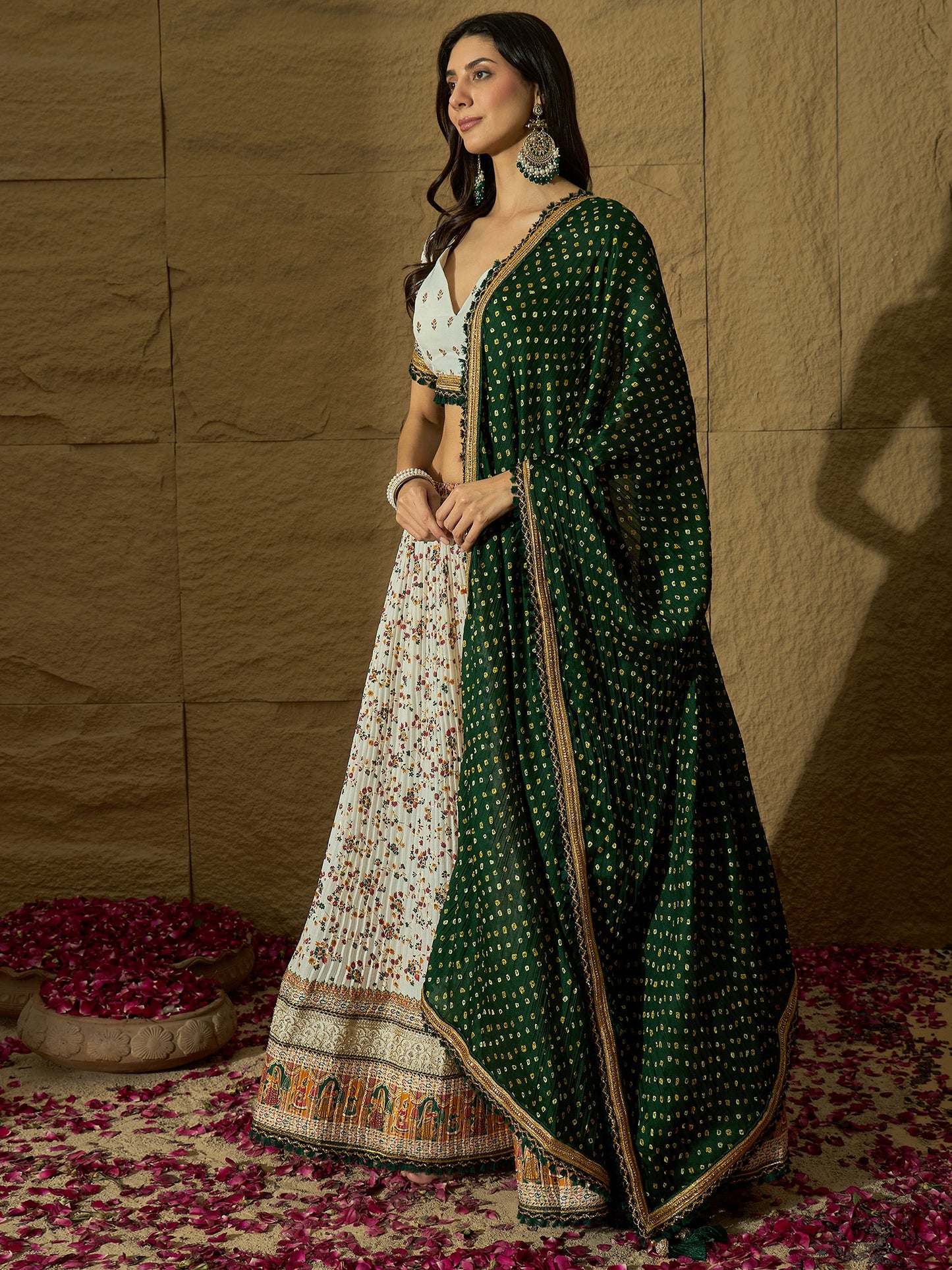 White Floral Silk Lehenga with Green Bandhej Dupatta
