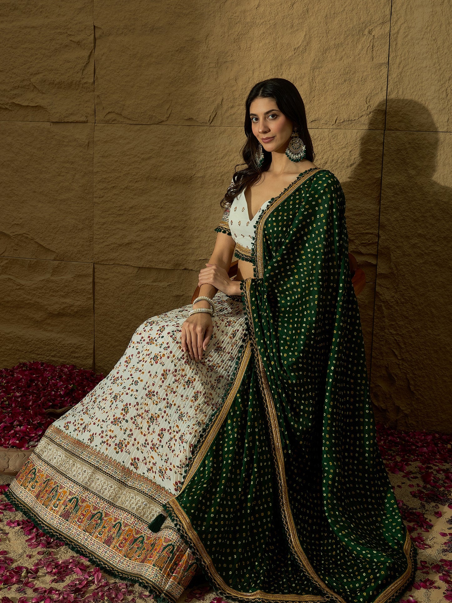 White Floral Silk Lehenga with Green Bandhej Dupatta