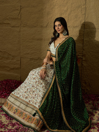 White Floral Silk Lehenga with Green Bandhej Dupatta