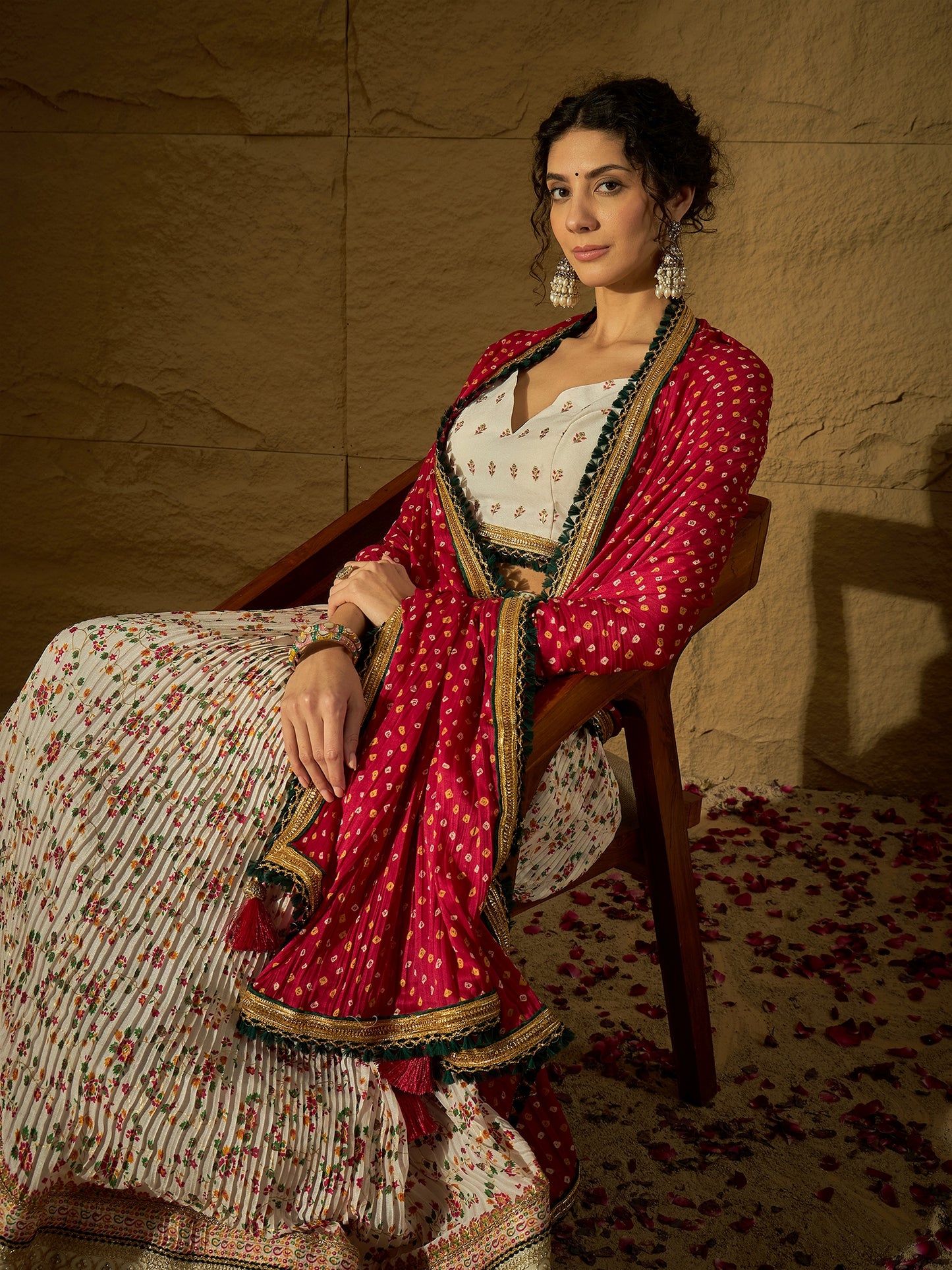 White Floral Silk Lehenga with Rani Bandhej Dupatta