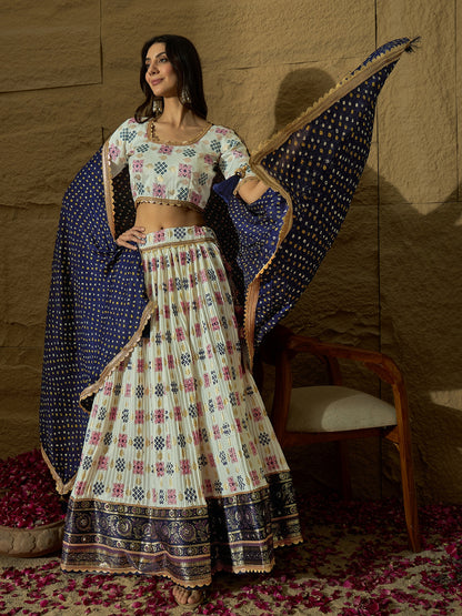 White Ajarakh Silk Lehenga choli with Navy Blue Bandhej print Dupatta