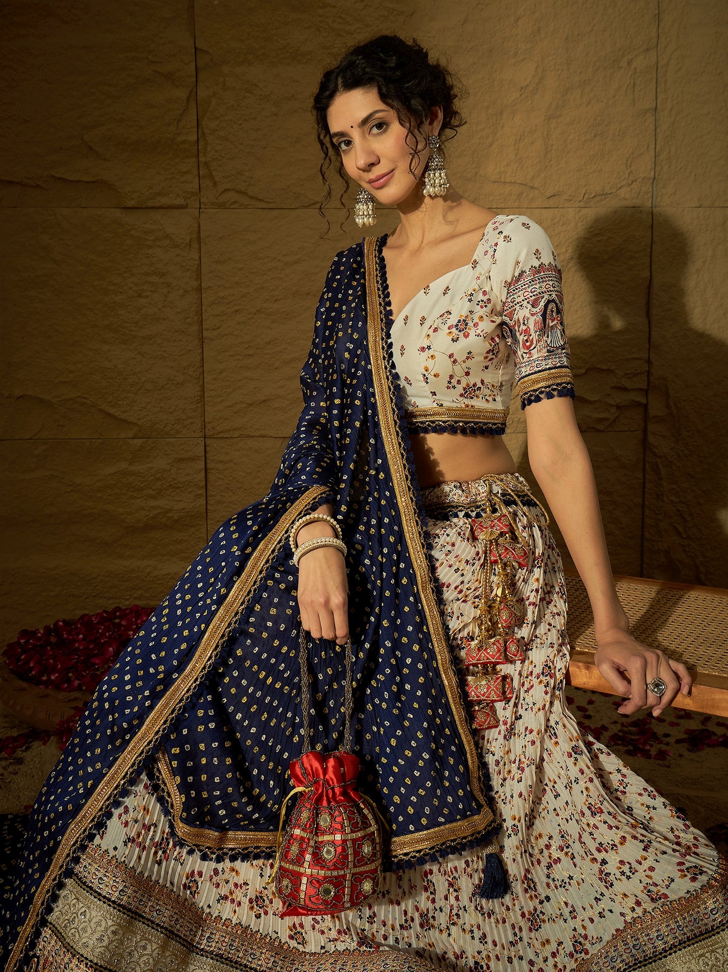 White Floral Silk Lehenga with Navy Blue Bandhej Dupatta