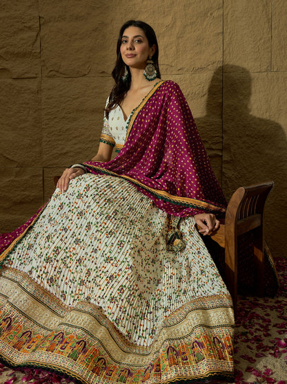 White Floral Silk Lehenga with Wine Bandhej Dupatta