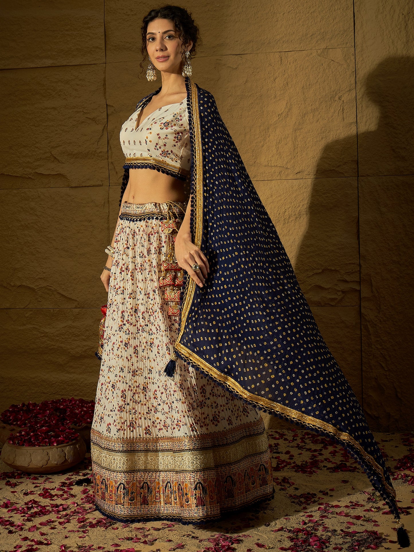 White Floral Silk Lehenga with Navy Blue Bandhej Dupatta