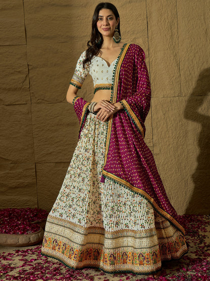 White Floral Silk Lehenga with Wine Bandhej Dupatta