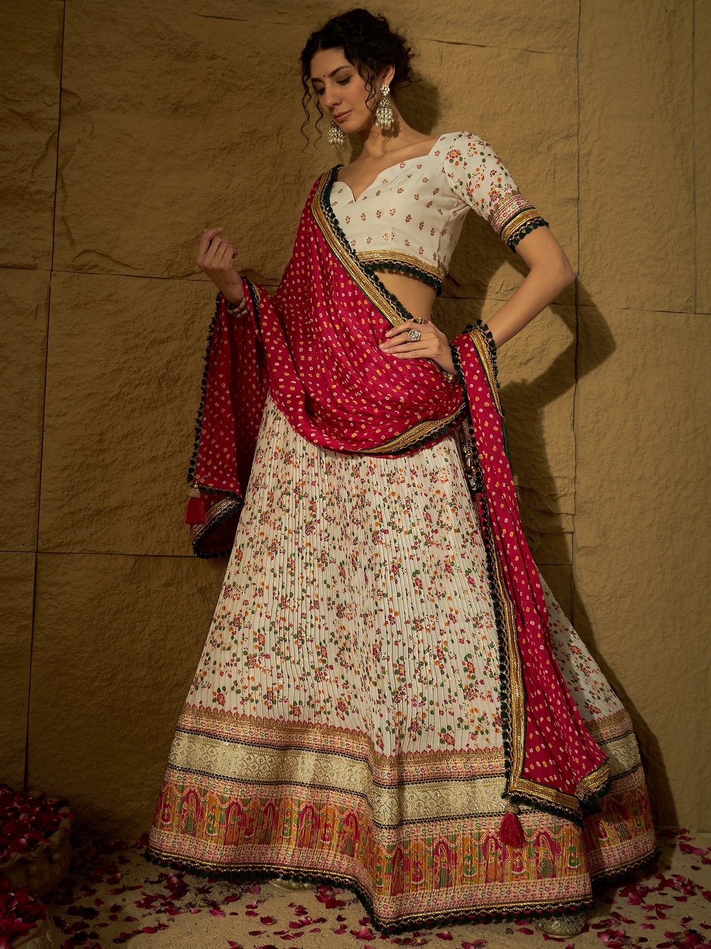 White Floral Silk Lehenga with Rani Bandhej Dupatta