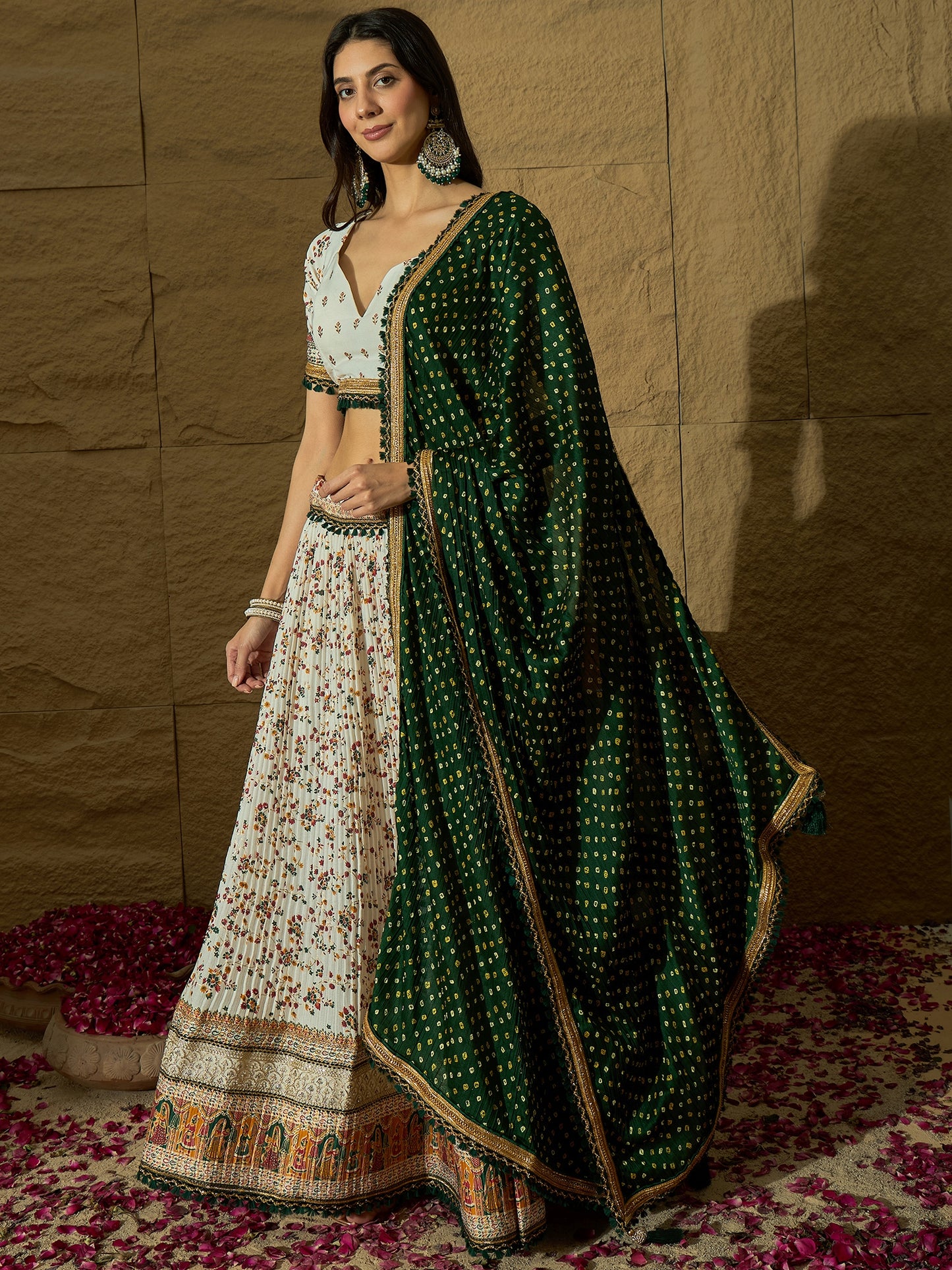 White Floral Silk Lehenga with Green Bandhej Dupatta