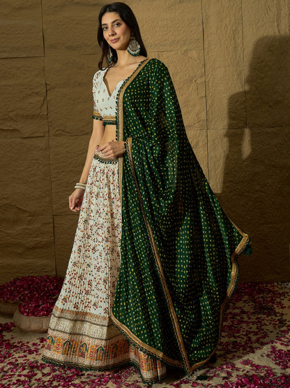 White Floral Silk Lehenga with Green Bandhej Dupatta