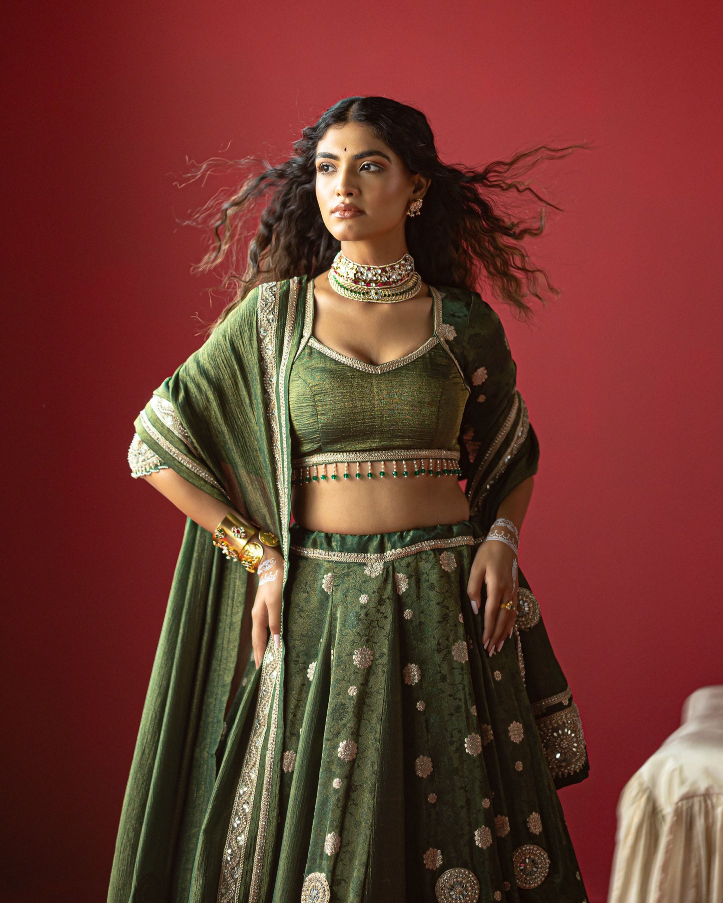 Green self lehenga with Bold pallu Duppata