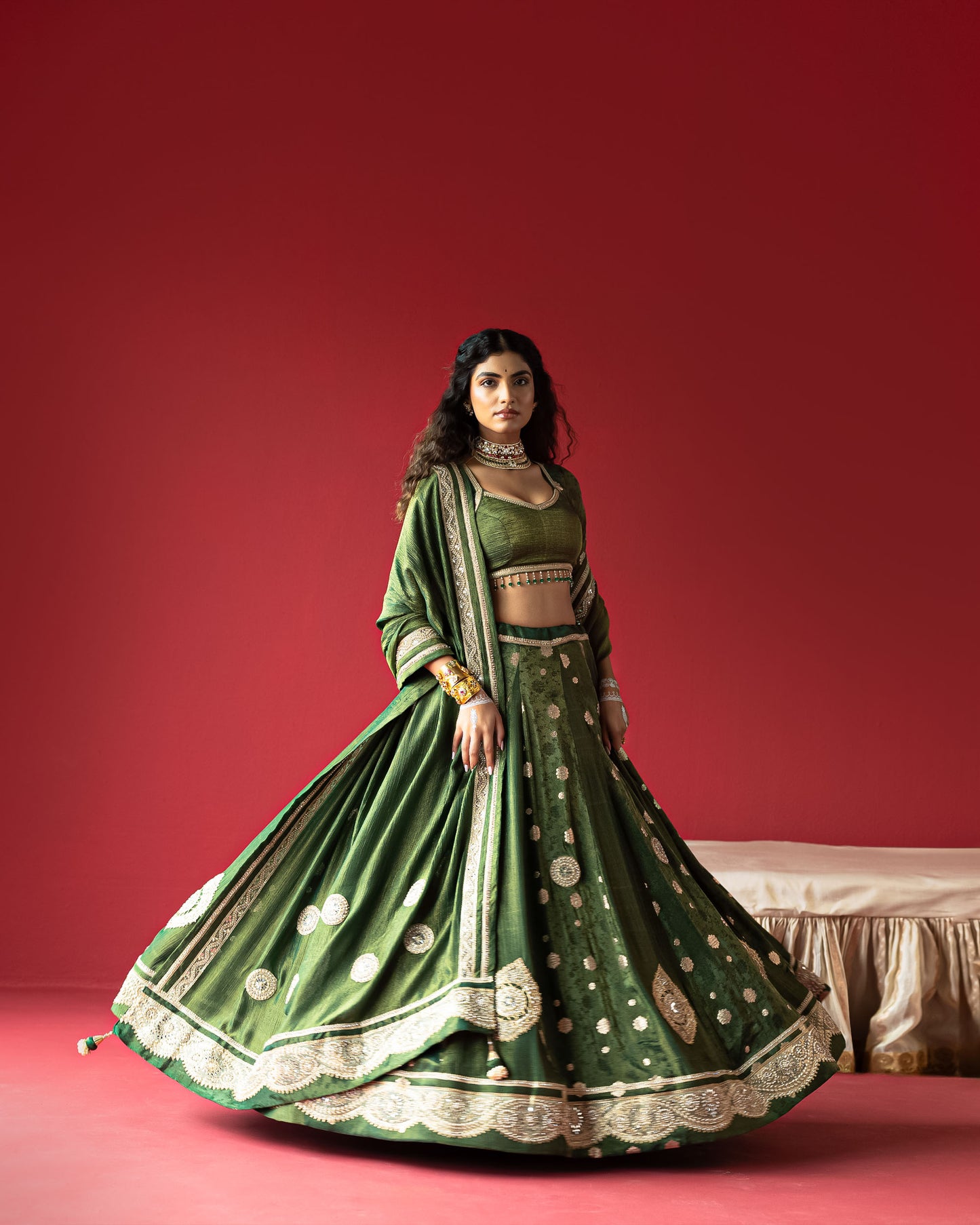 Green self lehenga with Bold pallu Duppata