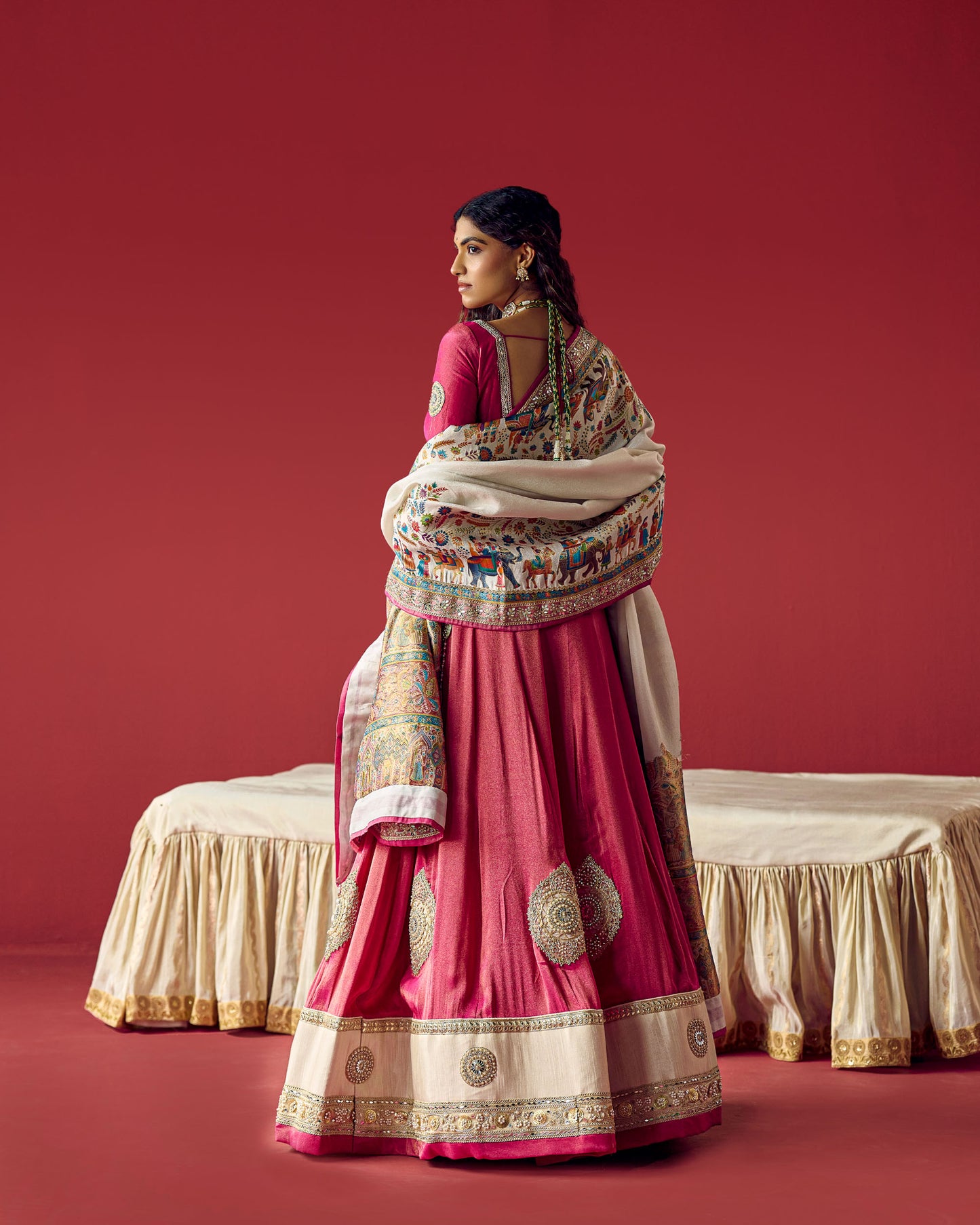 Rani lehenga with white position print duppata