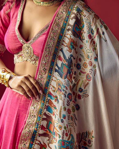 Rani lehenga with white position print duppata