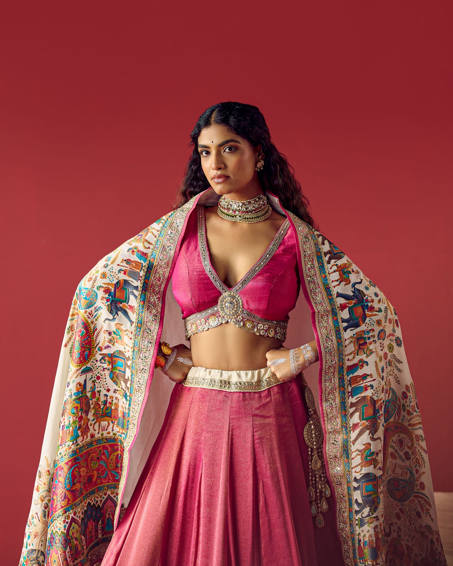 Rani lehenga with white position print duppata