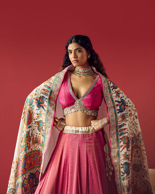 Rani lehenga with white position print duppata