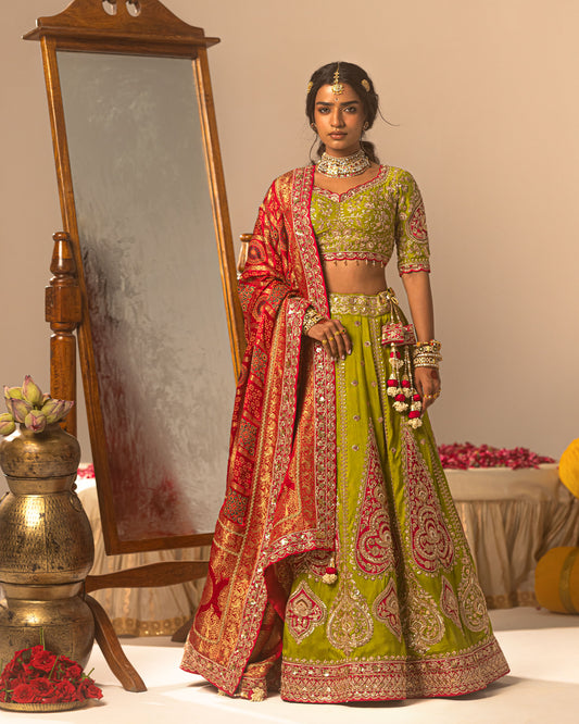 Pistachio green lehenga with rani ajarakh duppata