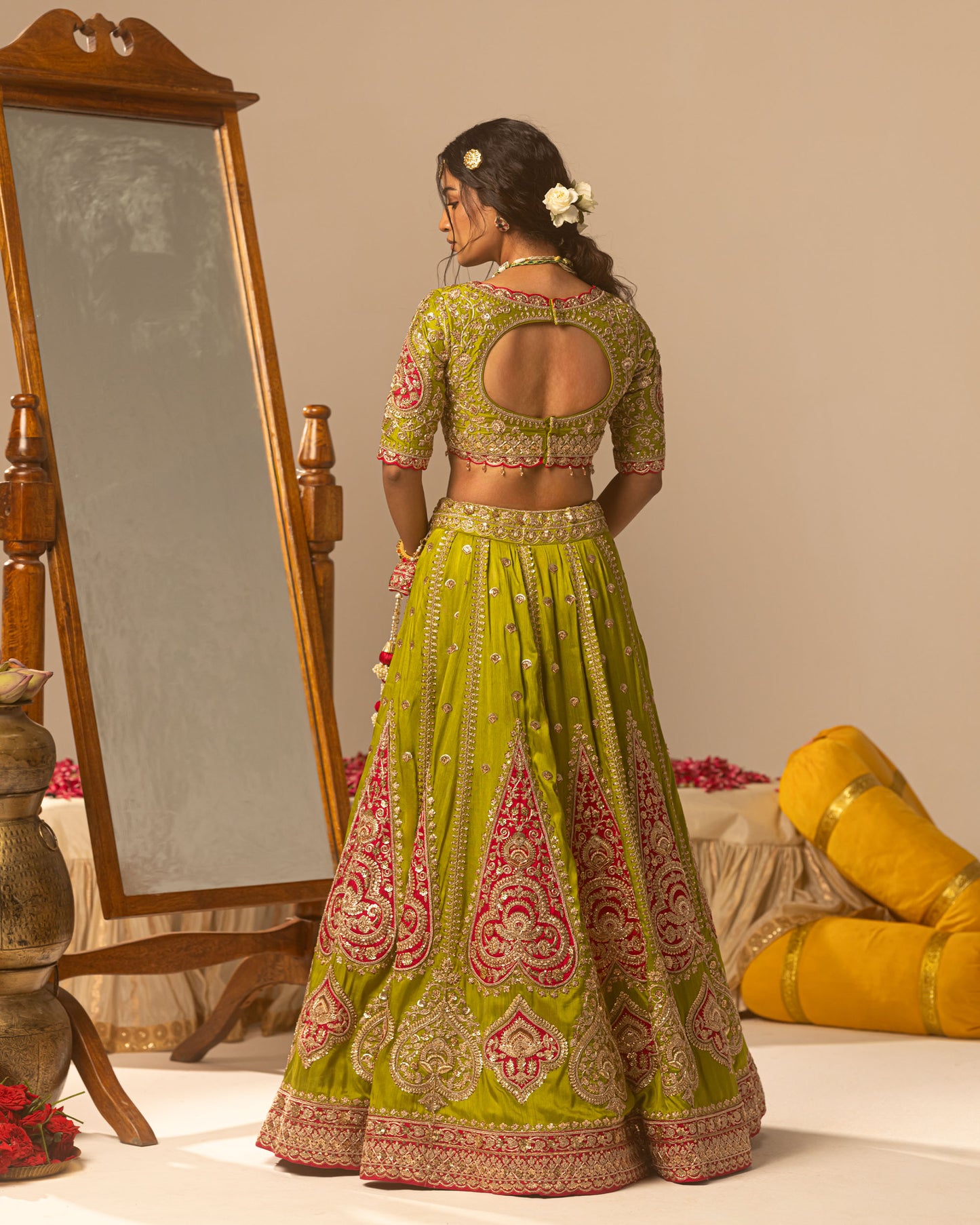 Pistachio Green Lehenga With Rani Ajarakh Duppata