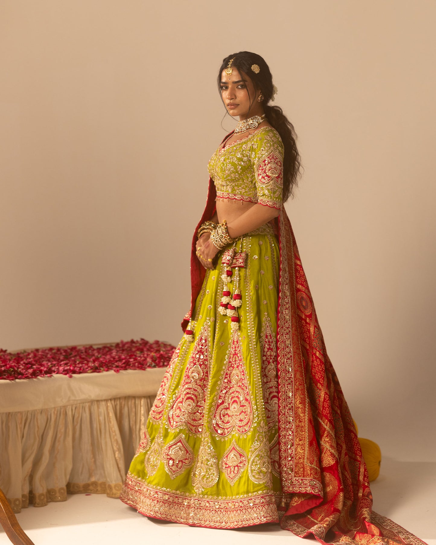Pistachio Green Lehenga With Rani Ajarakh Duppata