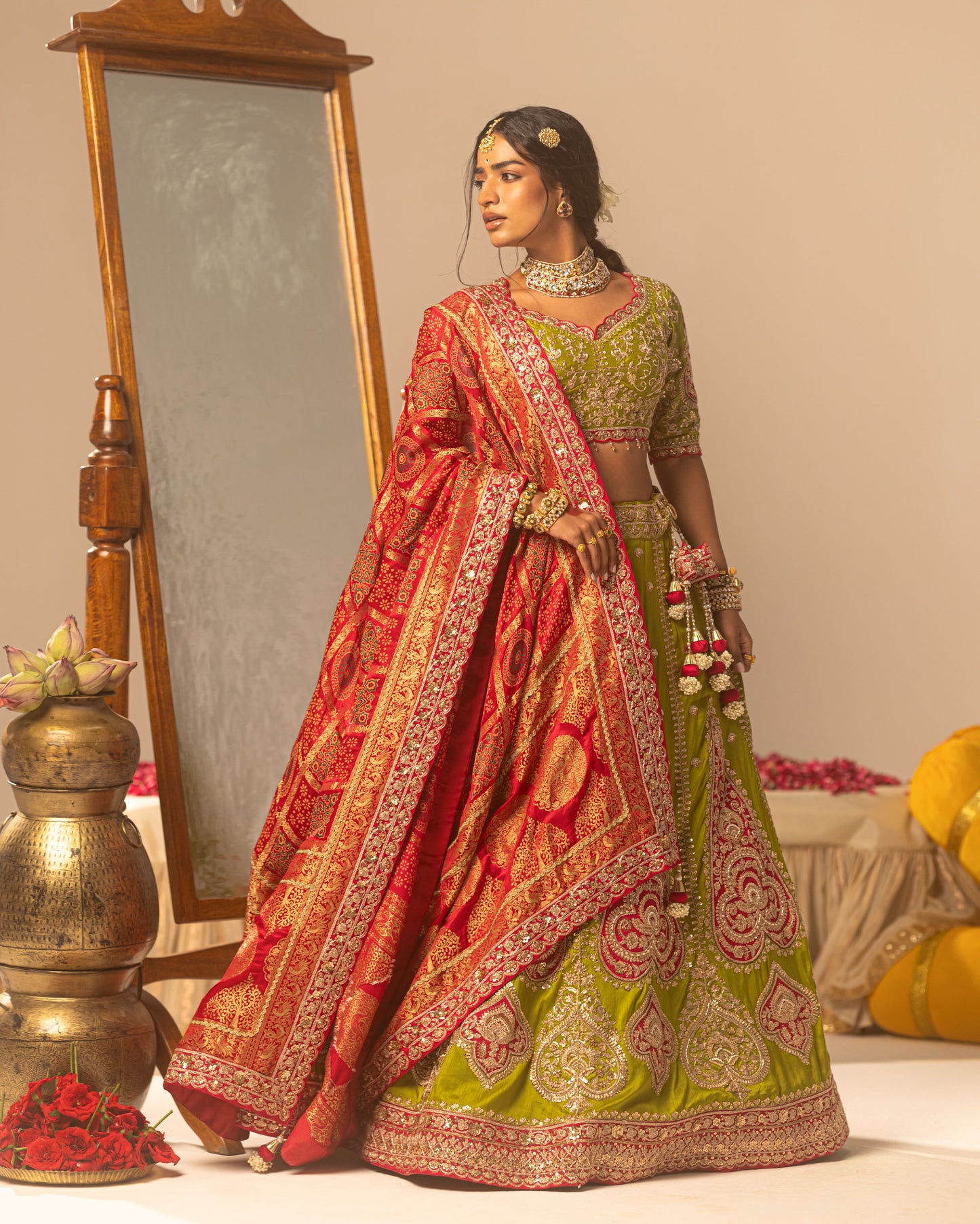 Pistachio Green Lehenga With Rani Ajarakh Duppata