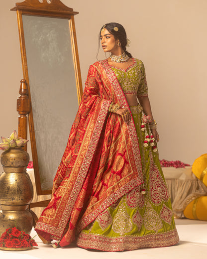 Pistachio Green Lehenga With Rani Ajarakh Duppata