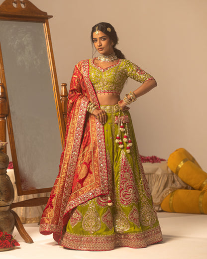 Pistachio Green Lehenga With Rani Ajarakh Duppata
