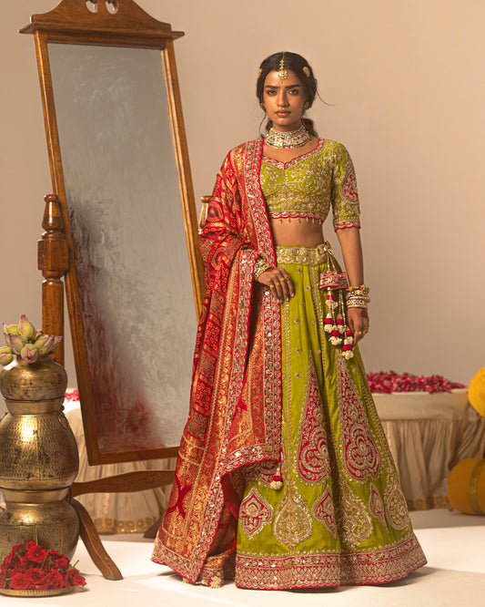 Pistachio green lehenga with rani ajarakh duppata