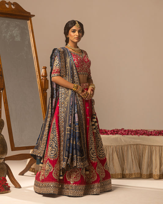 Maharani lehenga with Turkish blue ajarakh duppata