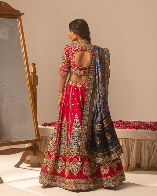 Maharani lehenga with Turkish blue ajarakh duppata