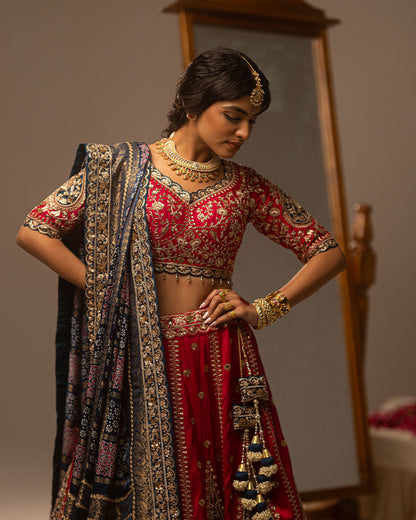 Maharani Lehenga With Turkish Blue Ajarakh Duppata