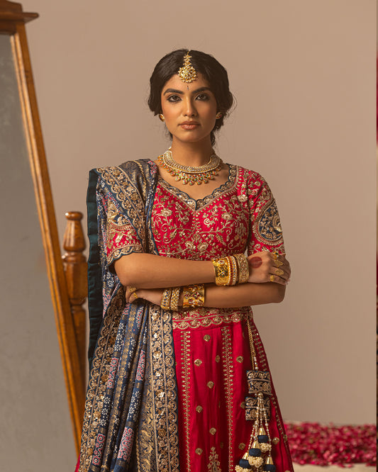 Maharani lehenga with Turkish blue ajarakh duppata