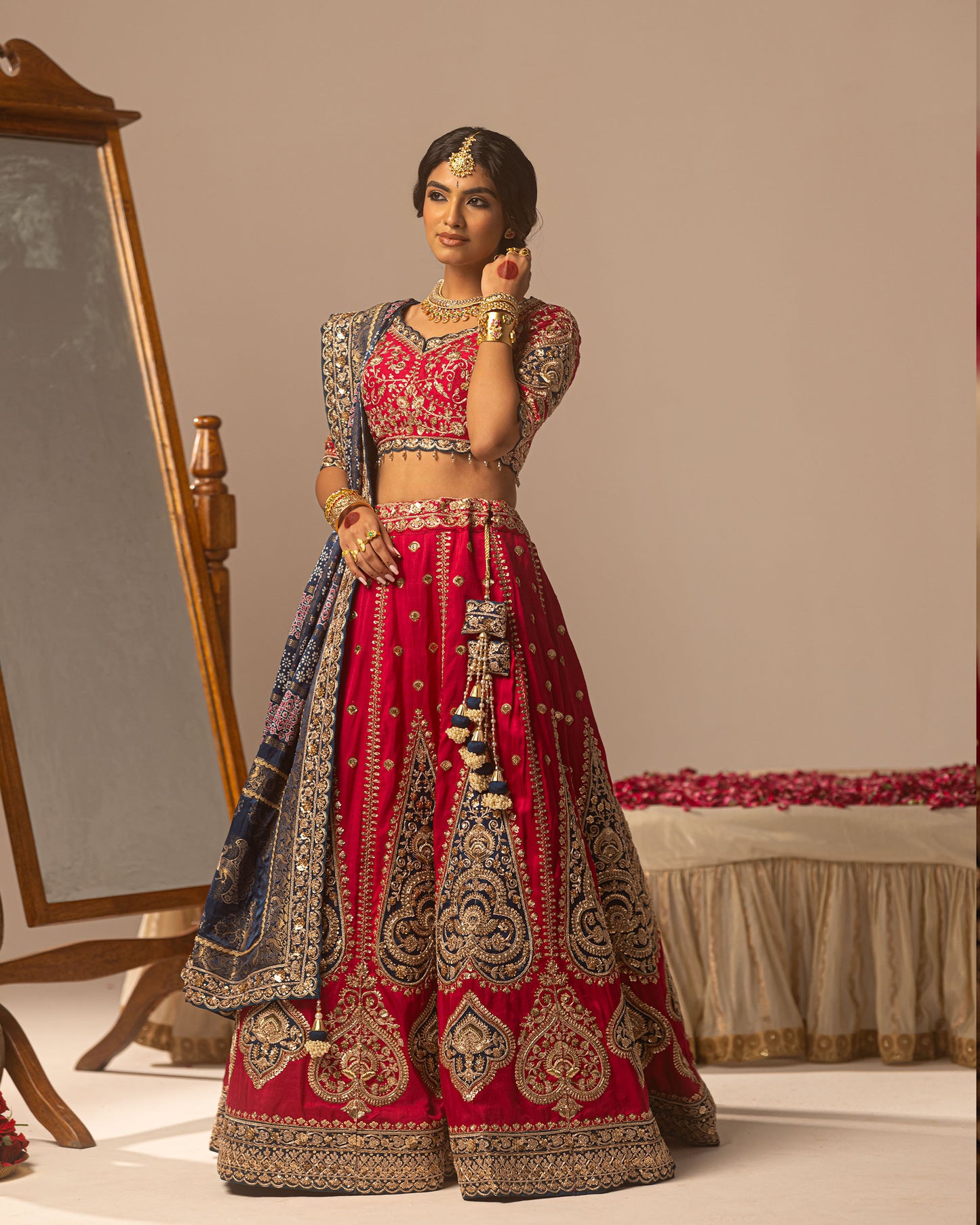 Maharani Lehenga With Turkish Blue Ajarakh Duppata