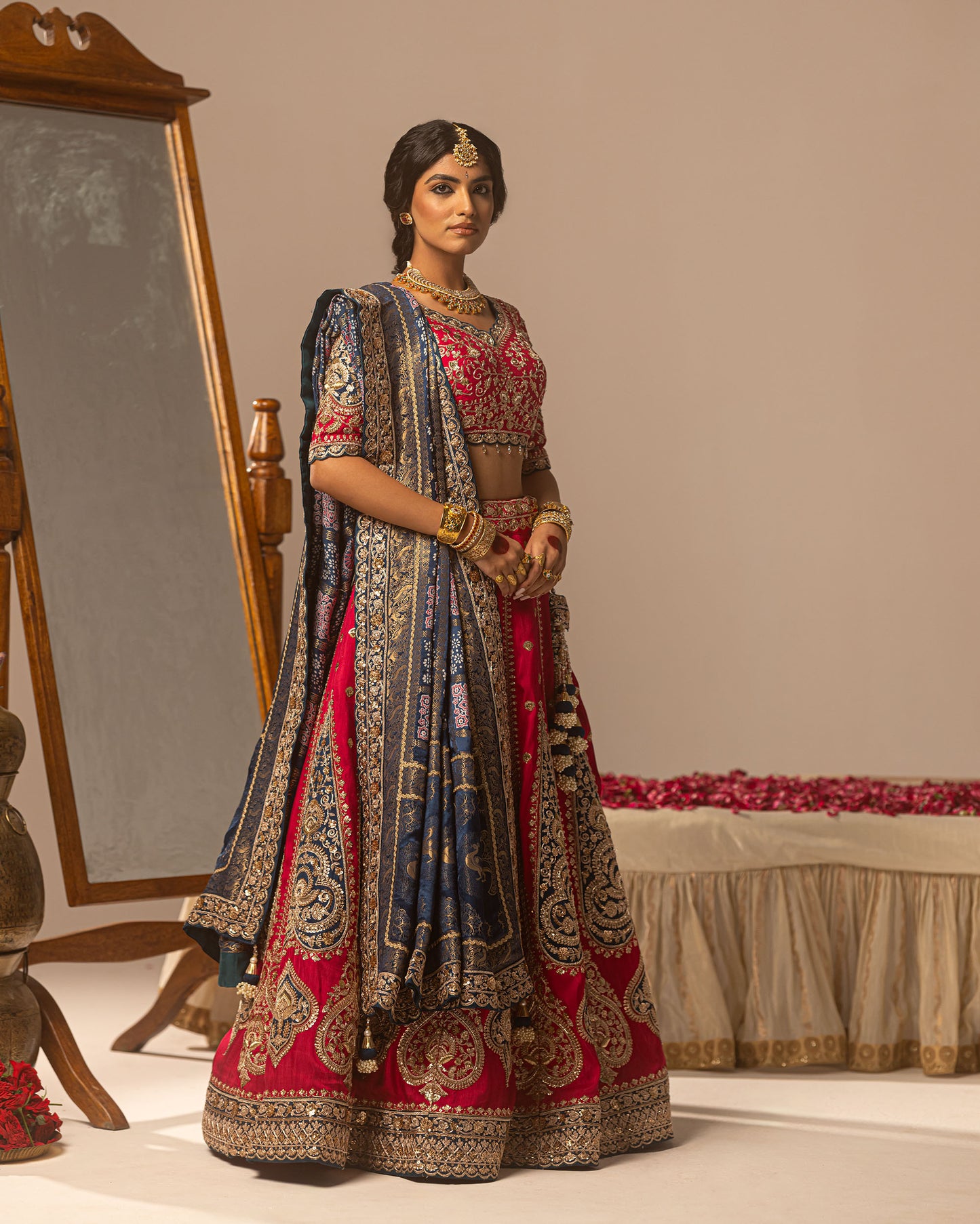Maharani Lehenga With Turkish Blue Ajarakh Duppata