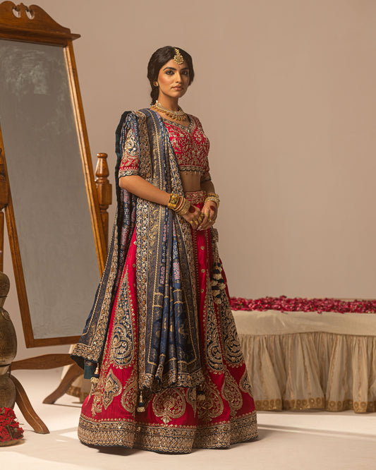 Maharani lehenga with Turkish blue ajarakh duppata