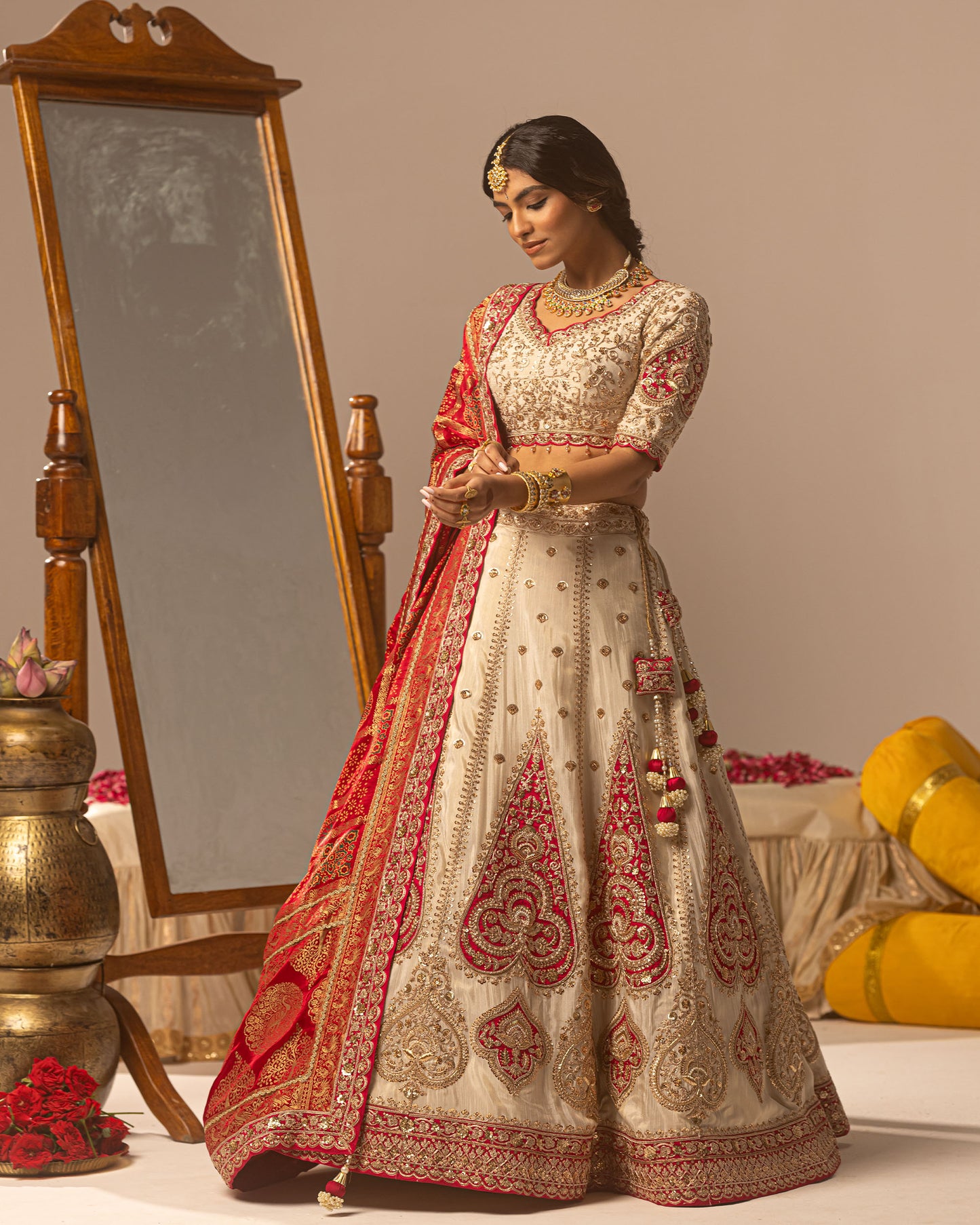 Offwhite lehenga with rani ajarakh duppata