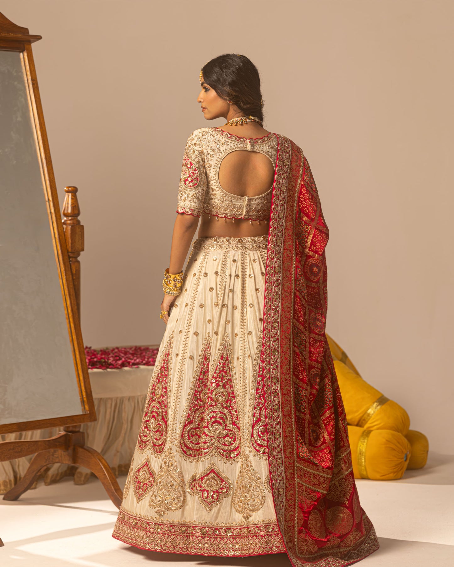 Offwhite lehenga with rani ajarakh duppata