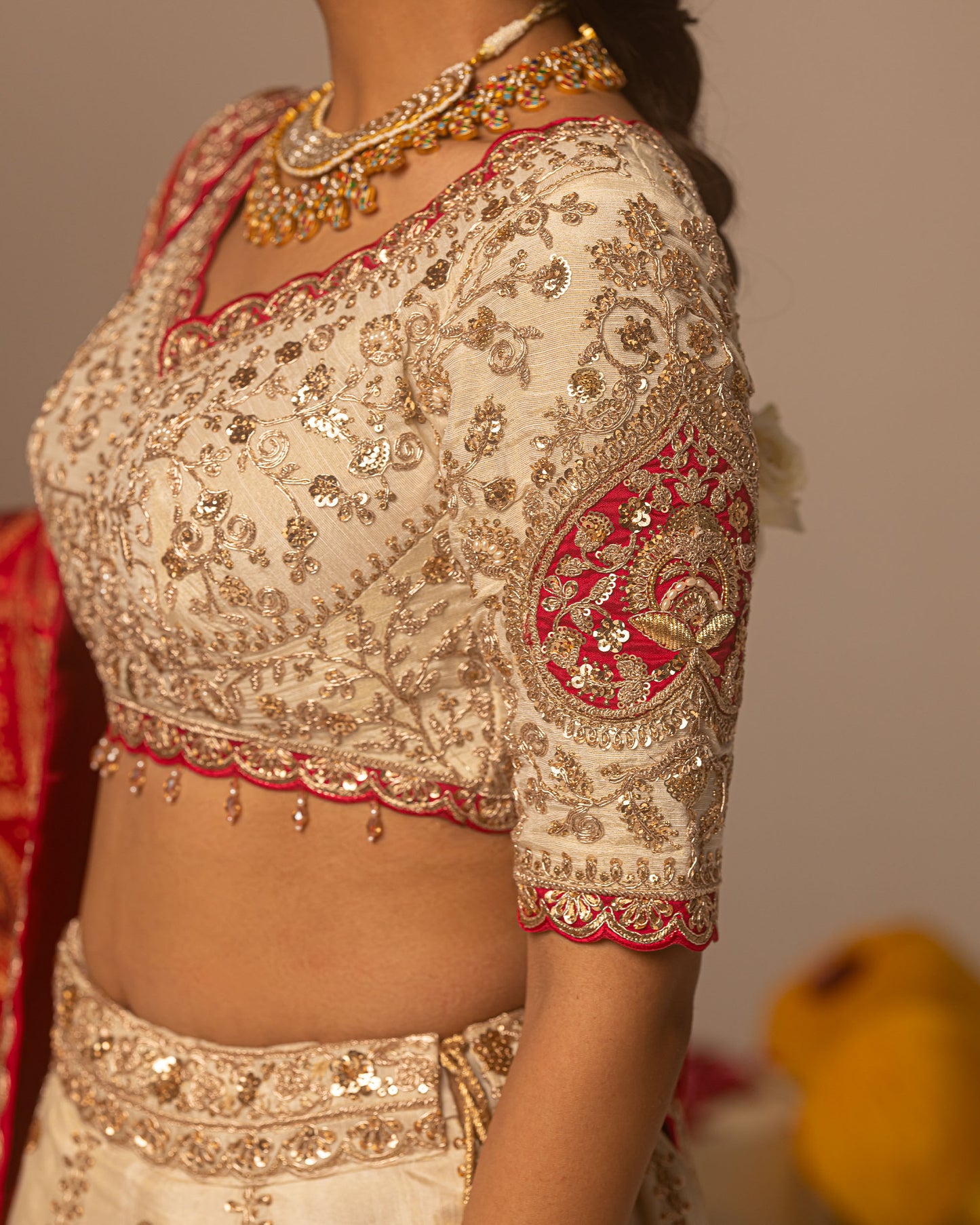 Offwhite lehenga with rani ajarakh duppata