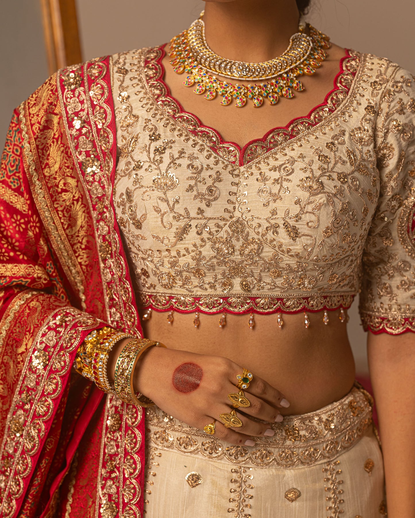 Offwhite lehenga with rani ajarakh duppata