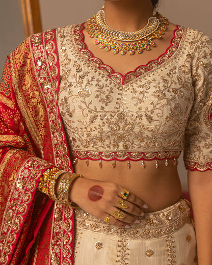 Offwhite lehenga with rani ajarakh duppata