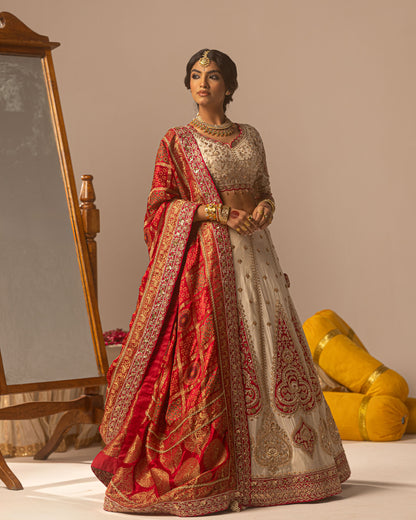 Offwhite lehenga with rani ajarakh duppata