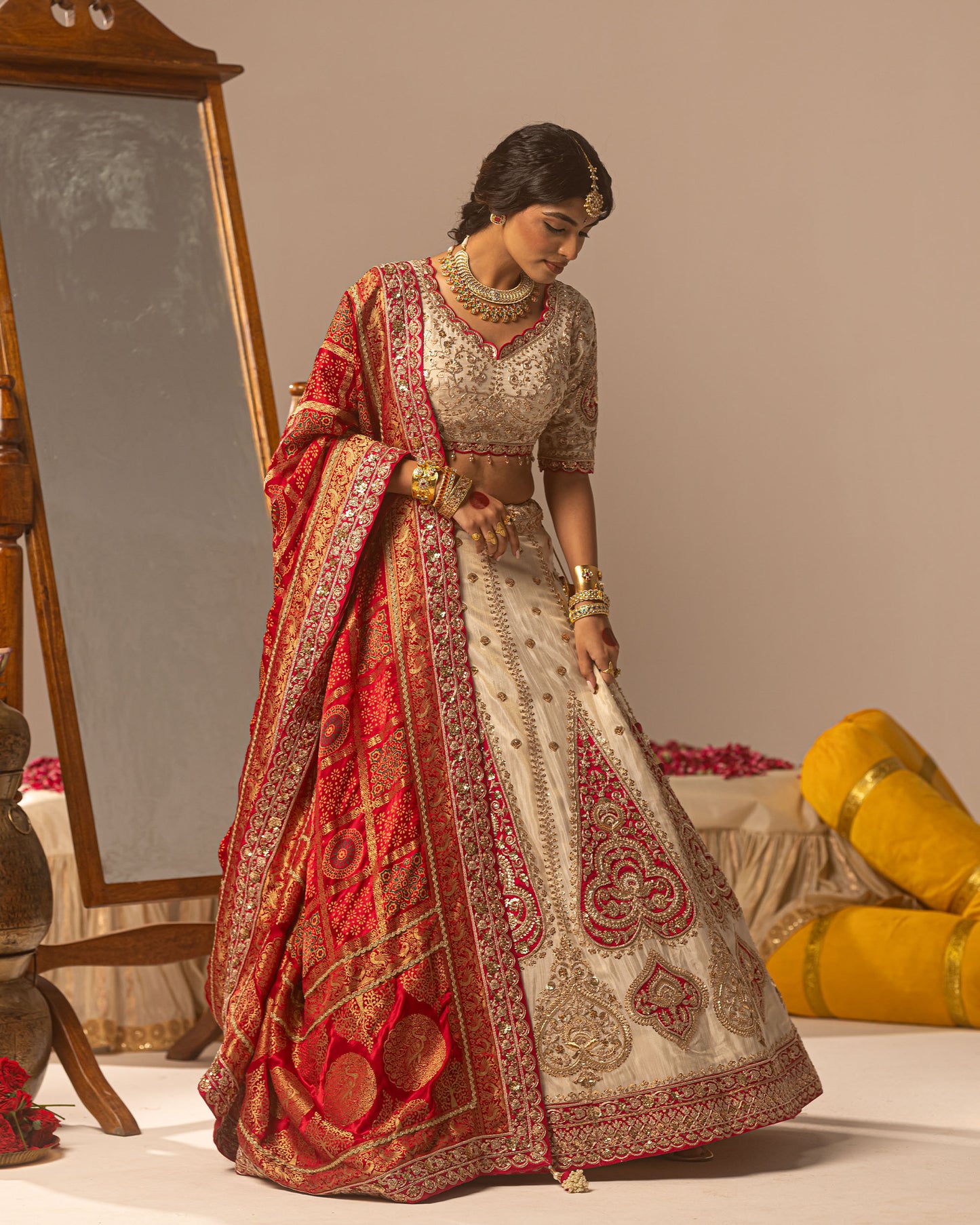Offwhite lehenga with rani ajarakh duppata