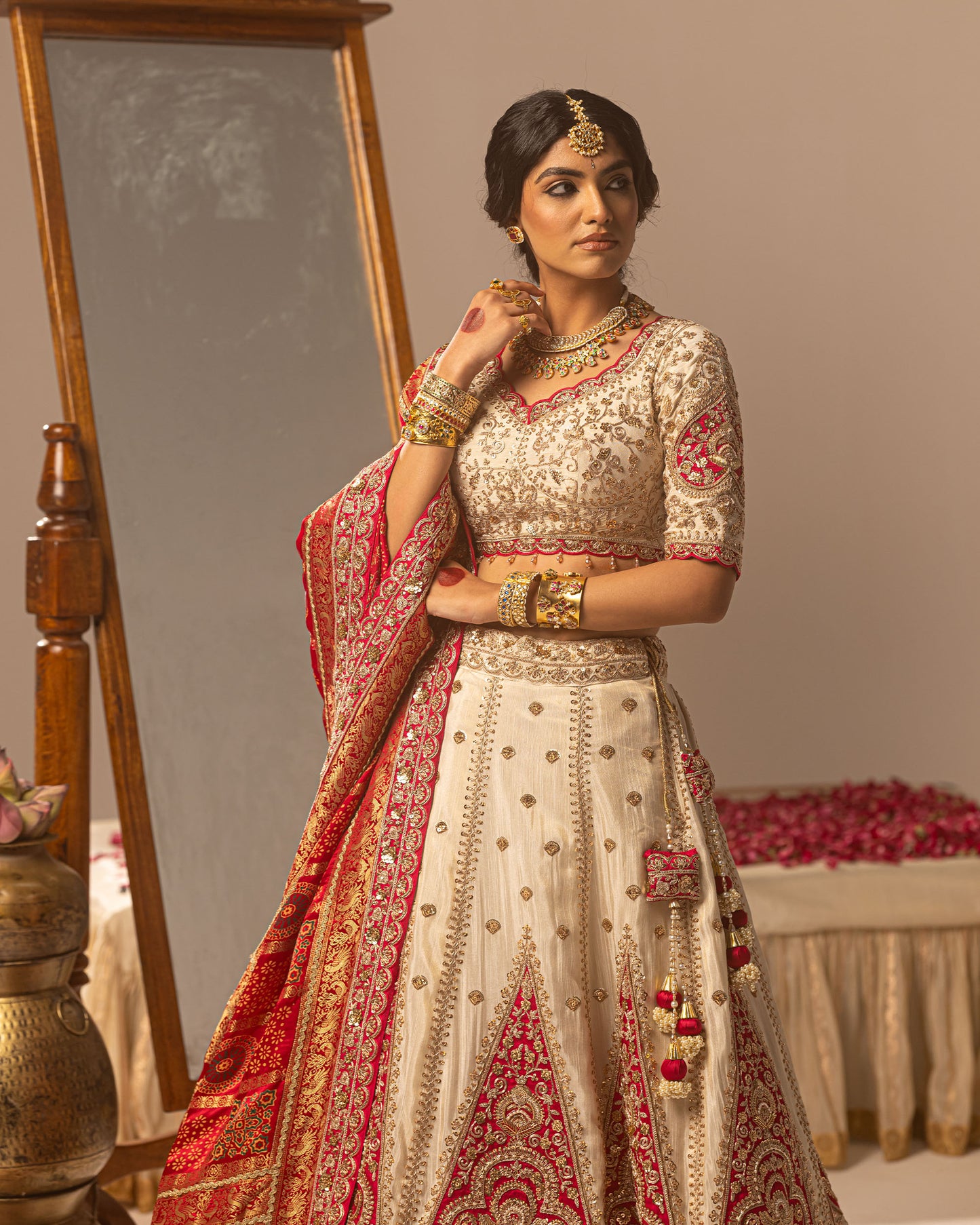 Offwhite lehenga with rani ajarakh duppata