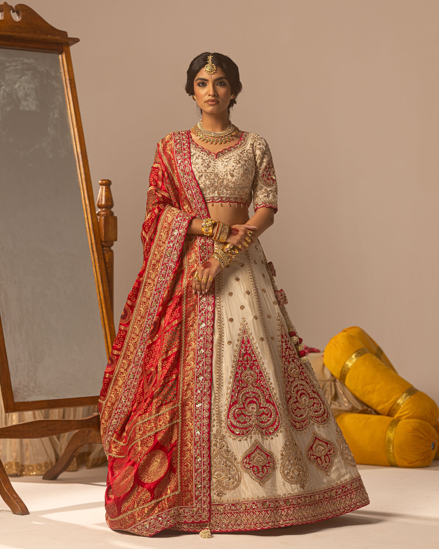 Offwhite lehenga with rani ajarakh duppata