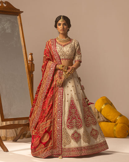 Offwhite lehenga with rani ajarakh duppata
