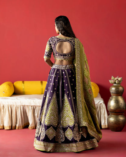 purple lehenga with pistachio-green ajarakh duppata